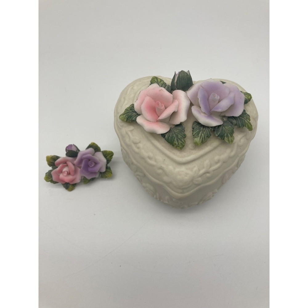Vintage Bisque Porcelain Heart Trinket Box & Floral Rose Brooch Pin Set Lot